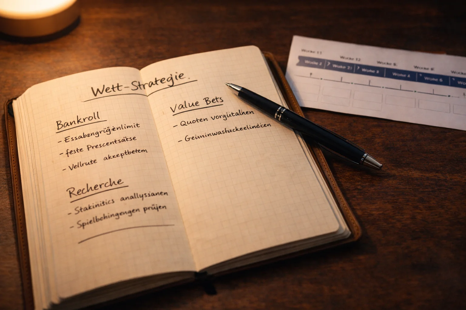 Aufgeschlagenes Notizbuch mit Wettstrategie-Notizen und Stift auf einem Holztisch