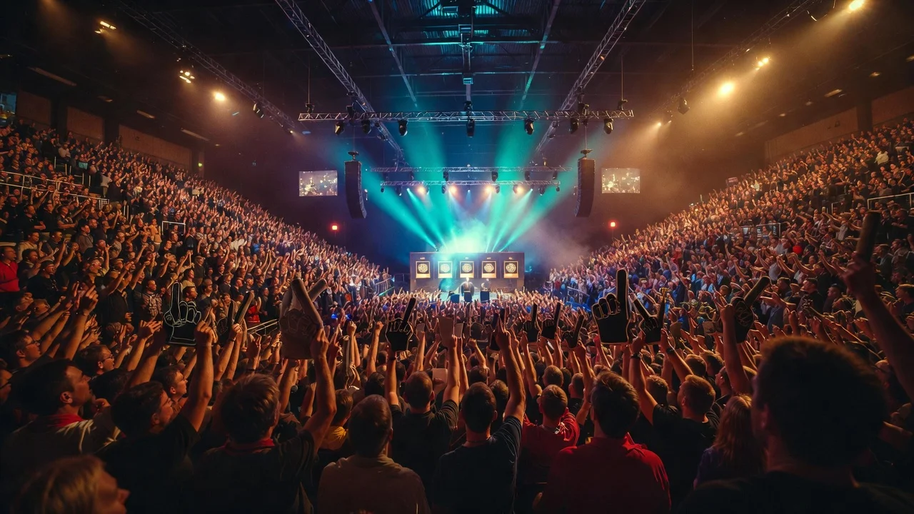 Professionelles Darts-Turnier mit begeistertem Publikum in einer großen Halle