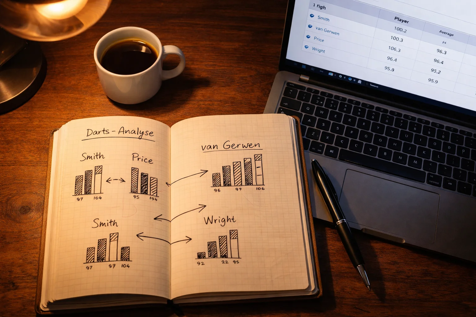 Notizblock mit handgeschriebener Darts-Analyse neben einem Laptop mit Spielerstatistiken